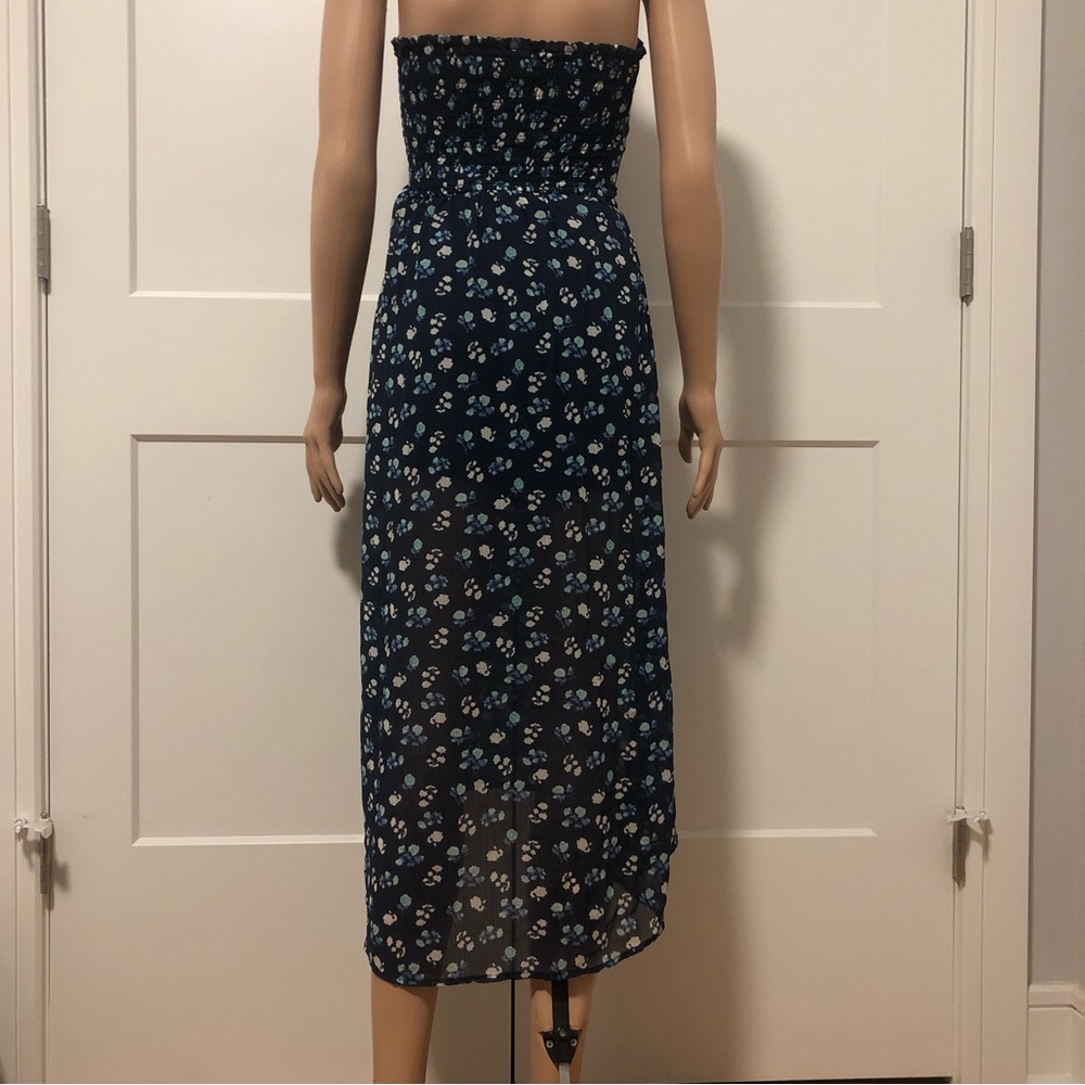 Hollister HCO Smocked Sheer Navy Blue Floral Long Midi Sheer Chiffon Dress XS - Picture 2 of 4